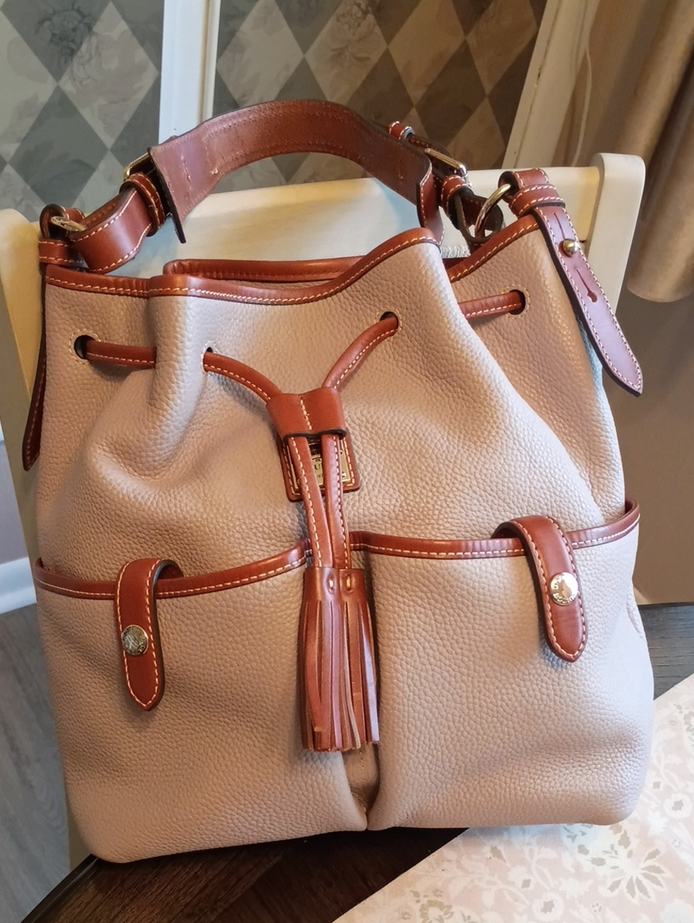 Dooney & Bourke Drawstring Bucket Bag Oyster Pebble leather